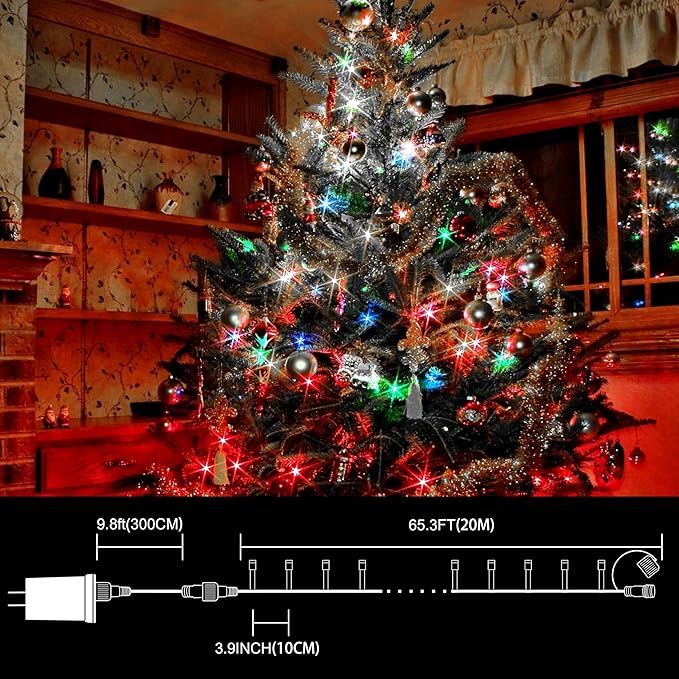 66ft Christmas Decorative Mini Lights, 200 LED Transparent Wire Fairy Starry String Lights Plug in, 12 Lighting Modes for Outdoor Xmas Tree Wedding Party Decoration (White and Multicolor)