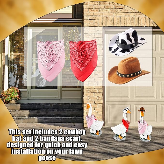 4 Pcs Western Cowboy Porch Goose Outfits Funny Porch Goose Cowboy Hat and Bandana for Outdoor Garden Patio Yard Lawn Goosey Statue Decor
