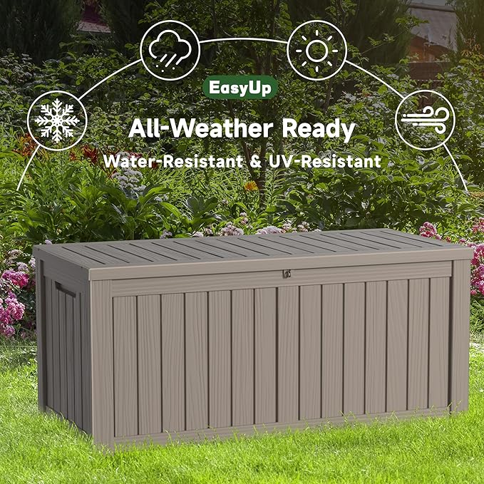 EasyUp 120 Gallon Outdoor Storage Box Waterproof, UV Resistant Resin Deck Box with Hydraulic Rod, Reinforced Stability for Patio, Garden, and Pool, Striped Gray