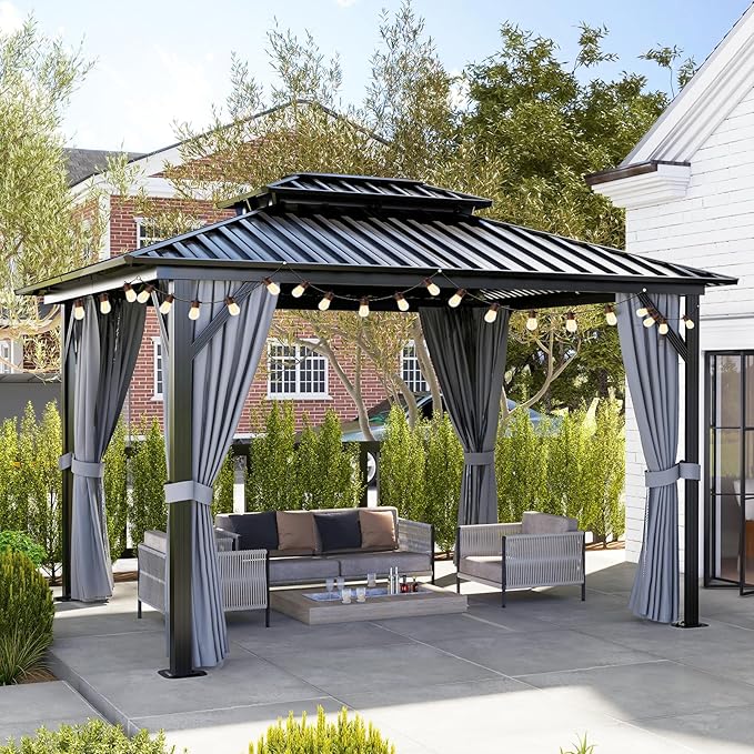 Aoxun 10'x12' Hardtop Gazebo Featuring Aluminum Frame & Double Galvanized Steel Roof, Outdoor Metal Shelter with Netting, Plus LED Waterproof Hanging Lights