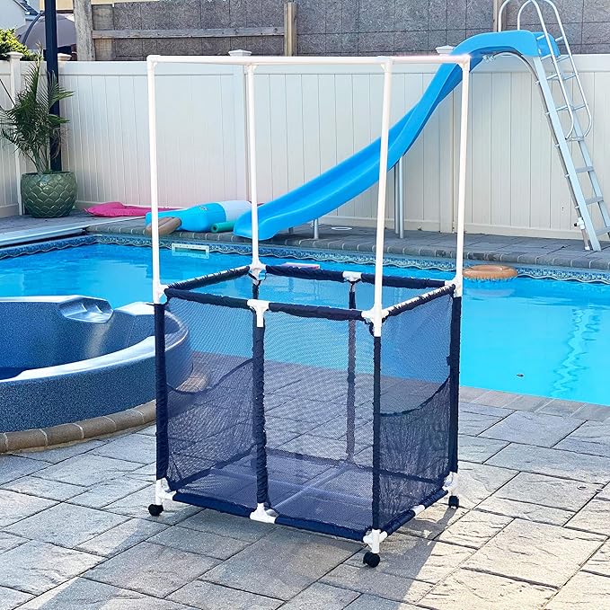Essentially Yours Pool Equipment Holder with Towel Drying Bars, Mesh Rolling Pool Storage Organizer Bin, Extra Large with Towel Hanger, (34.5" W x 25" L x 62.6" H), Blue/White Style 418566
