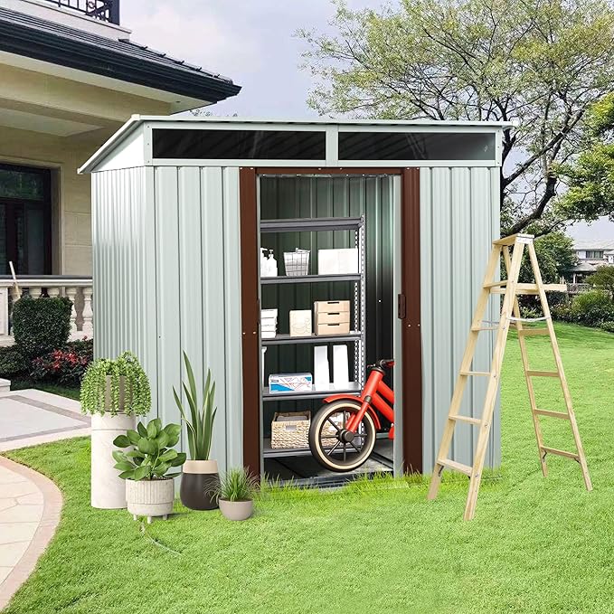 6X5 FT Outdoor Storage Shed, Waterproof Metal Garden Sheds with Lockable Door, Steel Tool Storage Buildings Shed & Outdoor Storage House for Garden, Backyard, Patio, Lawn, Trash Cans(White)