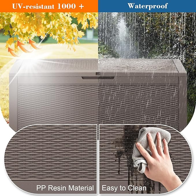LHBcraft 100 Gallon Outdoor Storage Box Waterproof, Lockable Patio Storage Boxes Outdoor Waterproof for Furniture, Resin Deck Box Doubles as 2-Person Bench Seat, Gardening Tools, Grey