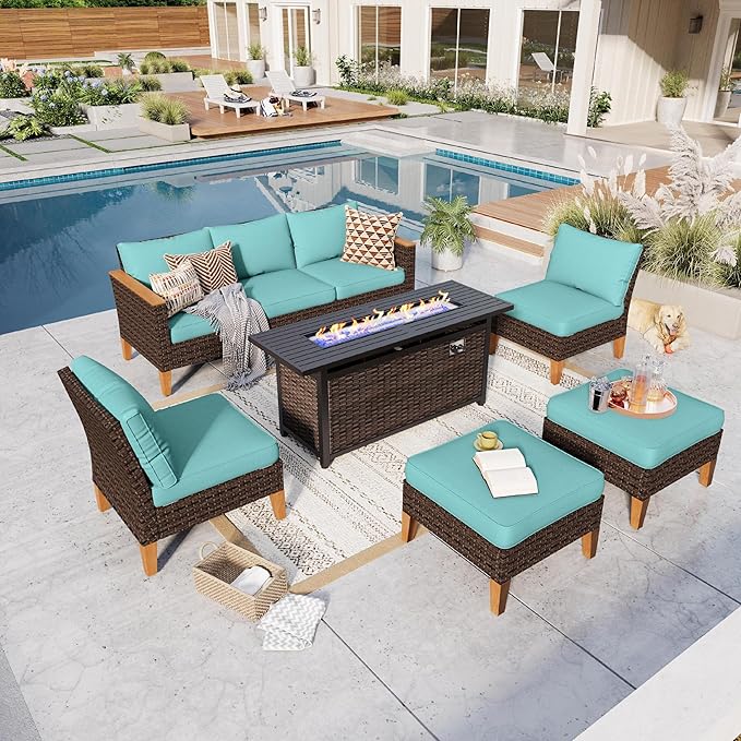GREEN PARTY 7 Pieces Wicker Patio Furniture Set with 56" Fire Pit Table, All-Weather Outdoor Rattan Patio Sectional Sofa Conversation Set with 4" Thick Cushions for Backyard, 2 x Ottomans (Blue)