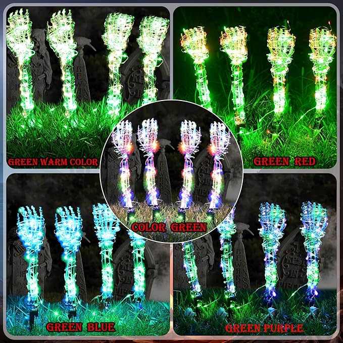 Halloween Lighted Skeleton Hands Set, 4 Pack Light Up Skeleton Arm Stakes, 4 x 3m 240 LED Green & Red Lights with 3 Modes, Realistic Halloween Yard Outdoor Decorations Graveyard Garden