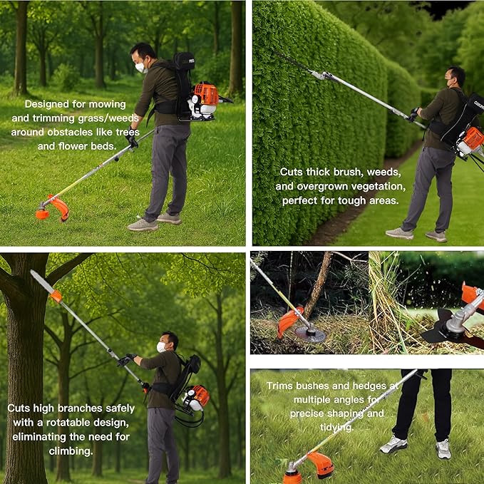 52cc 2-Cycle Backpack Gas Multi-Trimmer | 4-in-1 String Trimmer w/Rotatable Pole Saw, Weed Eater Weed Wacker, Brush Cutter & Hedge Trimmer Gas for Lawn, Yard, Garden Care, All-in-one Garden Tool
