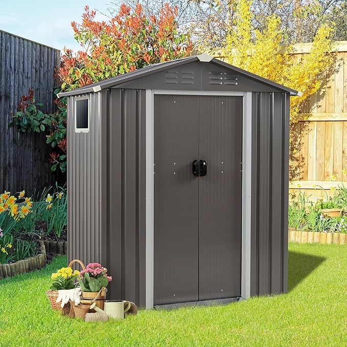Vongrasig 5 x 3 FT Outdoor Storage Shed, Metal Shed Small Garden Tool Storage Shed with Window and Lockable Door for Outside Backyard Patio Lawn (Grey)