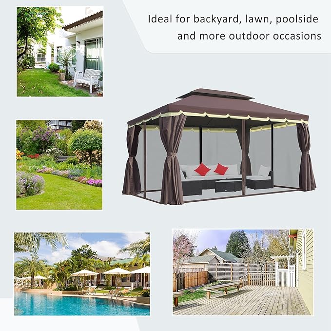 Outsunny 10' x 13' Patio Gazebo, Outdoor Gazebo Canopy Shelter with Netting and Curtains, Aluminum Frame for Garden, Lawn, Backyard and Deck, Coffee