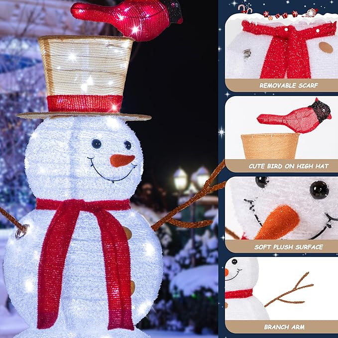 NALONE 4 FT Christmas Lighted Snowman with 100 LED Lights & Timer, Collapsible Snowman Christmas Decorations Outdoor Yard Home, Fluffy Snowman with Bird