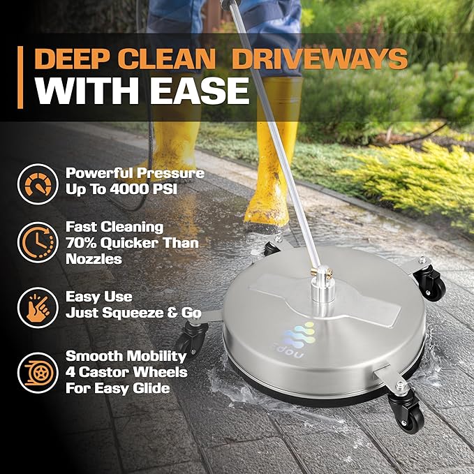EDOU 18 inch Pressure Washer Surface Cleaner - Stainless Steel Power Washer Attachment - 4,000 PSI Max - Concrete Cleaner with Dual Nozzles and Extension Wands - Silver
