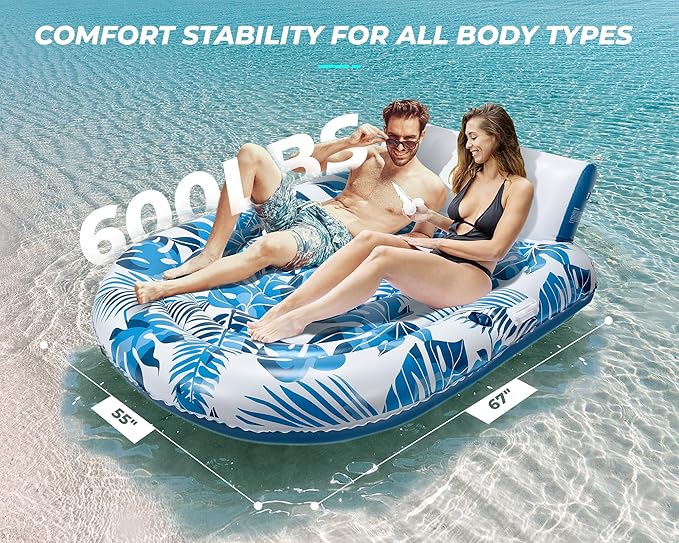 Pool Floats Adult 1-2-3 Person Inflatable Lounger, Extra Large Tanning Recliner Floaty Chair Raft with Backrest, Footrest, Cup Holder for Pool, Lake, River, Beach, Ocean & Party Use