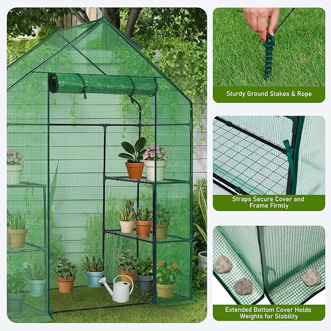 Outvita Walk-in Greenhouse, Outdoor Durable PE Plant Green House for Frost Protection with 3 Tiers 4 Shelves, Shelf Clips, Roll-up Zipper Door, 56"x29"x77" Green