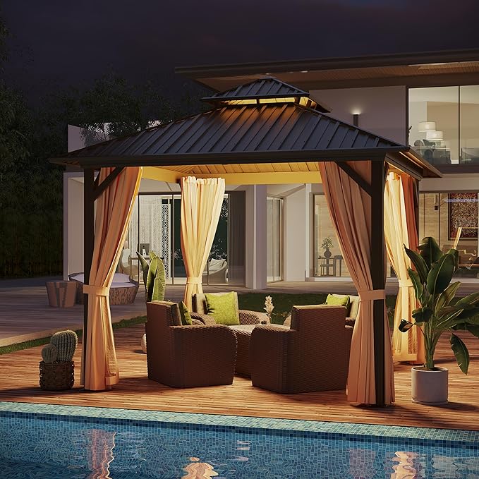 10x10 ft Hardtop Gazebo Outdoor Aluminum Patio Gazebo Double Roof Galvanized Steel Canopy with Netting and Curtains for Garden, Backyard,Deck and Lawns