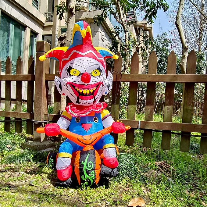 WBHome 5 Ft Halloween Inflatable Outdoor Clown Bicycle Decorations, Day of The Dead Blow Up Yard Decor with Built-in LED Light (Plug in) for Lawn Home Dia de Los Muertos Party Indoor Outdoor