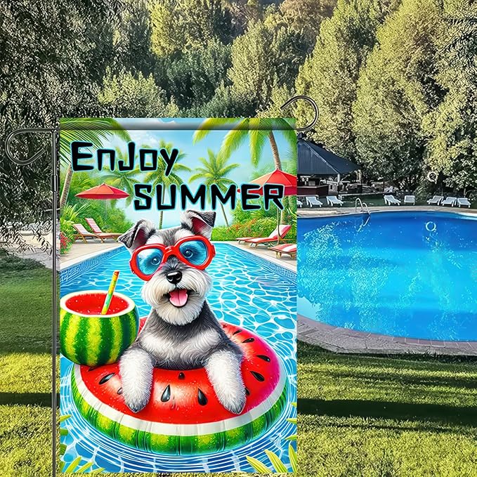 Enjoy Summer Garden Flag Schnauzer Dog 12X18 Inch Print Double Sided Cute Puppy Decorative Yard Flag Banner Poolside Patio Decor Banner Outside Seasonal Holiday Outdoor Decoration