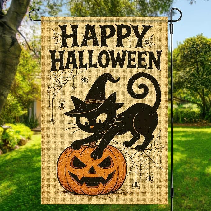 Happy Halloween Garden Flag 12x18 Inch Double-Sided Black Cat Flags Pumpkin Spider Web Design Fall Outdoor Decoration Polyester Yard Banner for Porch or Lawn