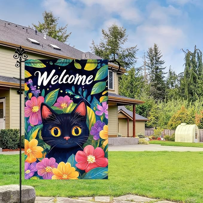 Welcome Spring Garden Flag 12x18 InchDouble Sided Hello Spring Black Cat Outdoor Yard Decoration Summer Farmhouse Holiday Yard Flag Floral Design Spring Home Decor Flags