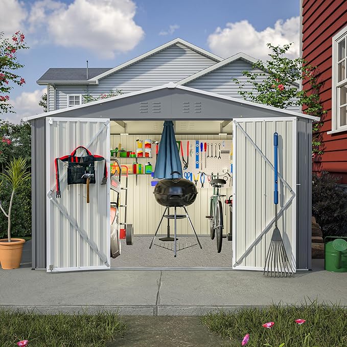 10X8 FT Outdoor Storage Shed W/Lockable Doors,Metal Shed W/Sloped Roof & Air Vents,All Weather Garden Tool House for Backyard Patio Lawn,Gray