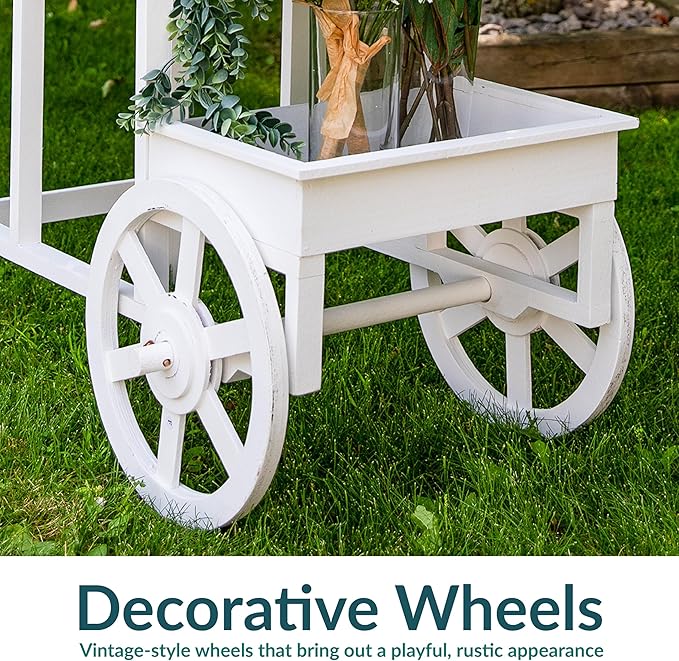 Sunnydaze 3-Tiered Flower Cart Display Stand with Wheels - Flower Display Stand or Planter - Wooden Cart with Chalkboard - White
