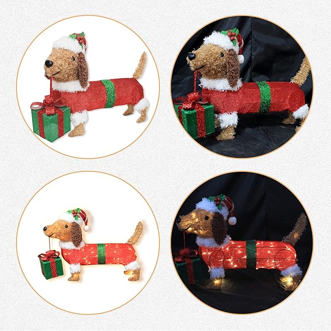 28" Long Christmas Dog Decoration with Lights,Xmas Dachshund with Hat Take a Gift Box, Weiner Dog Lighted up for Indoor Outdood Home Garden Party Yard Porch Under Christmas Tree Holiday Addition