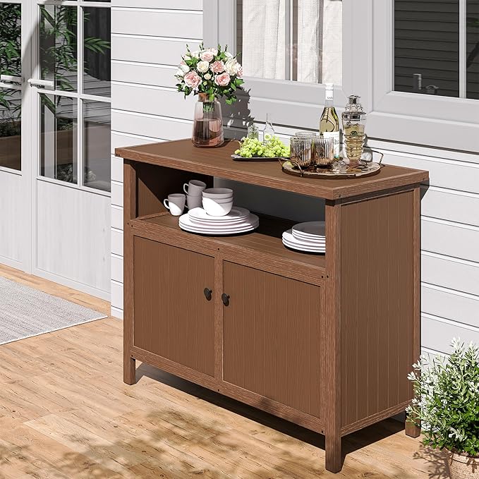 Amopatio Outdoor Storage Cabinet - Patio Bar Table with Storage and Shelves - Weather Resistant Sideboard for Patio, Pool, Garden, Indoor, Kitchen - Brown