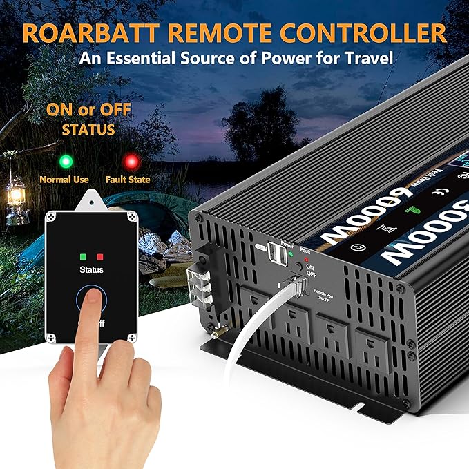 Pure Sine Wave Power Inverter, 3000W 12V DC to 110V/120V AC, Peak 6000W - Remote Control, 4 AC Outlets, Dual USB, LED Display, Terminal Blocks for Truck/RV/Car/Solar