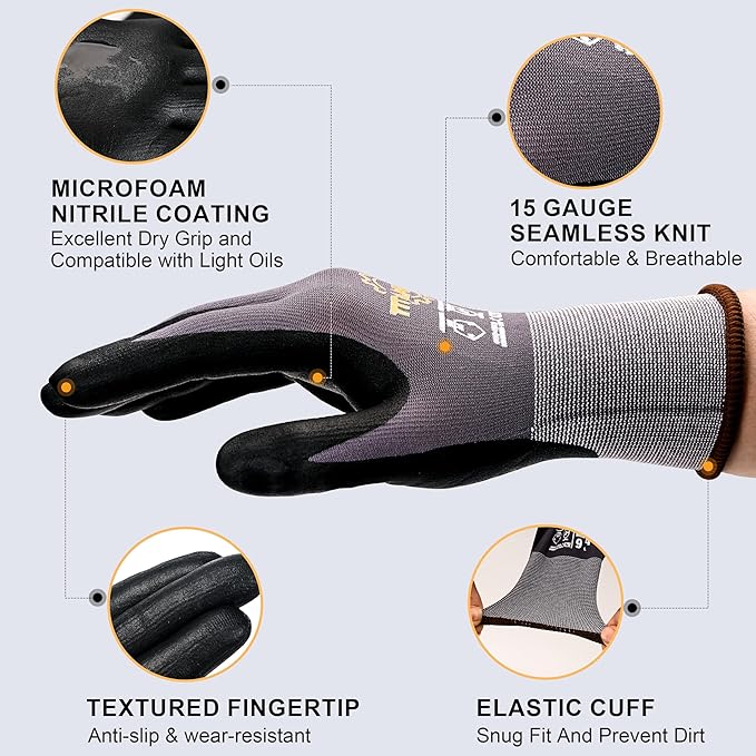 TitanFlex Work Gloves Microfoam Nitrile Coated Men Women, Safety Warehouse Gloves with Grip, Touchscreen, Seamless Knit Nylon