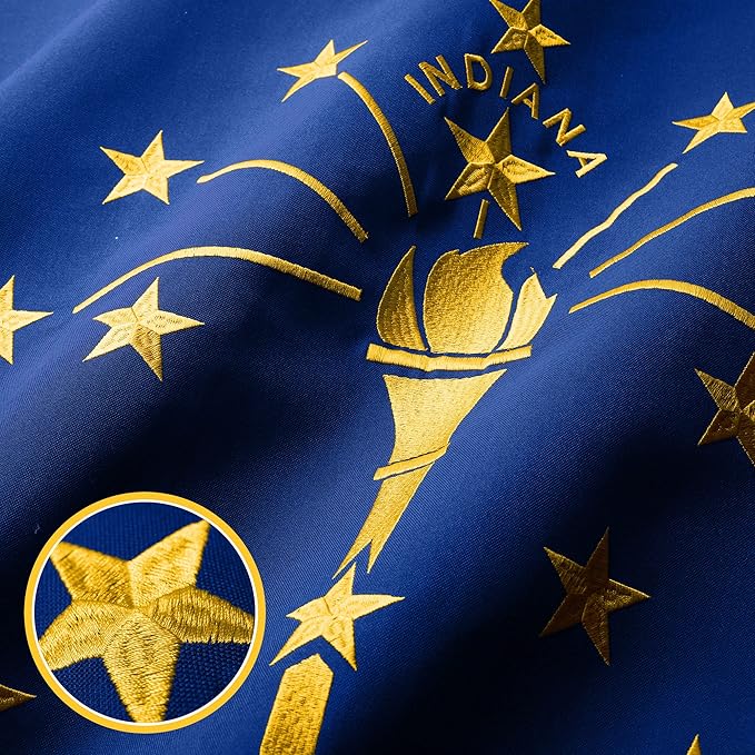G128 Indiana State Flag | 4x6 Ft | StormFlyer Series Embroidered 220GSM Spun Polyester | Embroidered Design, Indoor/Outdoor, Brass Grommets, Heavy Duty, All Weather