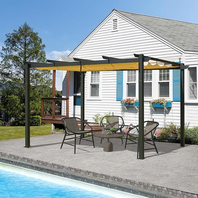 Domi Outdoor Living 9’ x 13’ Outdoor Retractable Pergola Against The Wall with Weather-Resistant Canopy Aluminum Garden Pergola Patio Grill Gazebo for Courtyard(Beige Canopy)