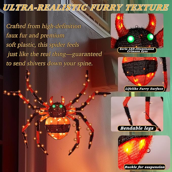 【1 Piece】 4.6Ft Giant Spider Halloween Decorations Outdoor 55" Light Up Spider with 90 LED Lights for Front Yard, Porch, Garden, Lawn, Halloween Party (Orange)