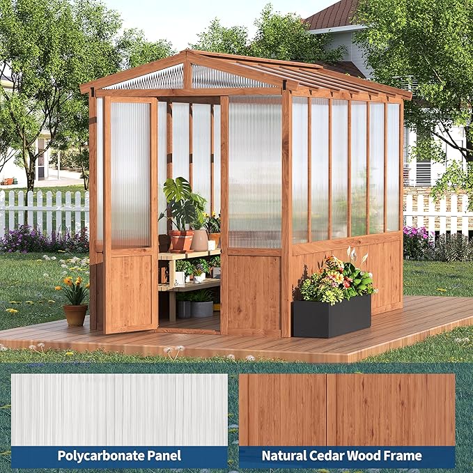 6x10FT Wooden Greenhouse with Cedar Frame, Outdoor Wood Greenhouses with Roof Vent, Wood and Polycarbonate Walk-in Greenhouse