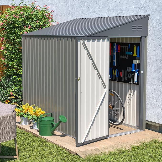 4x7 FT Lean to Shed with Single Lockable Side Door, Outdoor Metal Storage Shed, Sloping Roof Galvanized Utility Steel Tool Shed for Garden, Patio, Lawn & Backyard
