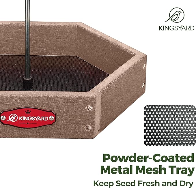 Kingsyard Heavy Duty Hanging Platform Bird Feeder Weatherproof, Recycled Plastic Tray with Metal Mesh Screen, Easy Clean Outdoor Feeder for Cardinals Bluebirds Wild Birds, Brown