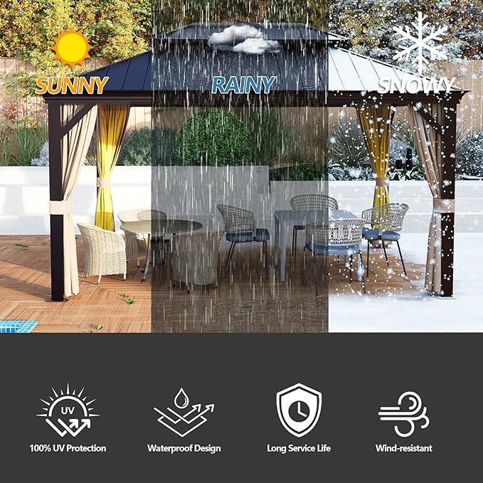 12' x 16' Outdoor Hardtop Gazebo Aluminum Frame with Double Metal Roof, Canopy Netting, Curtain, Patio Permanent Galvanized Steel Gazebo for Backyard, Garden, Party, Deck, Lawn