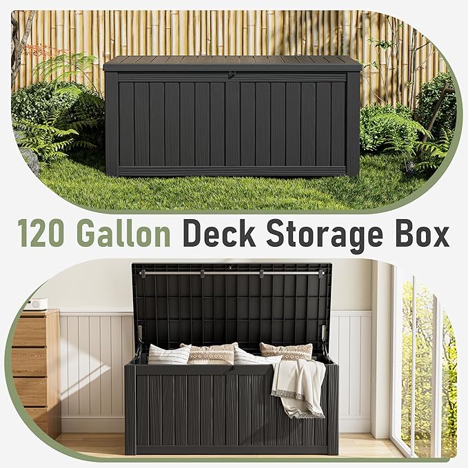 Outdoor Storage Box, Resin Deck Boxes Indoor and outdoor, Waterproof Storage Box Lockable Lid (Black, 120 Gallon)