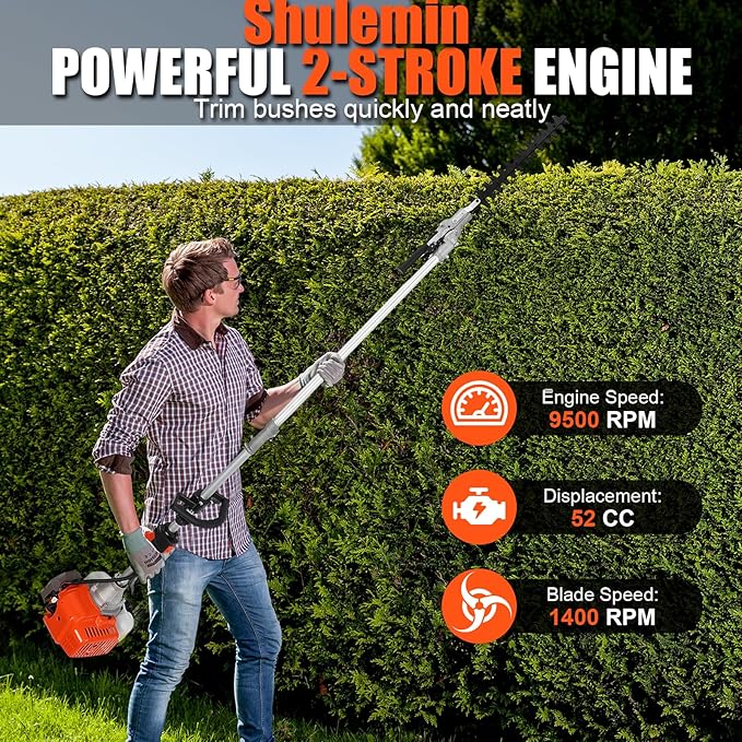 Gas Weed Eater, 52cc 2 Stroke Weed Wacker 6 in 1 Lawn Mover Include String Trimmer Brush Cutter Pole Saw Hedge Trimmer for Yard Garden Care 9500rpm 3000r/min Engine Speed 120cc Oil Tank Orange