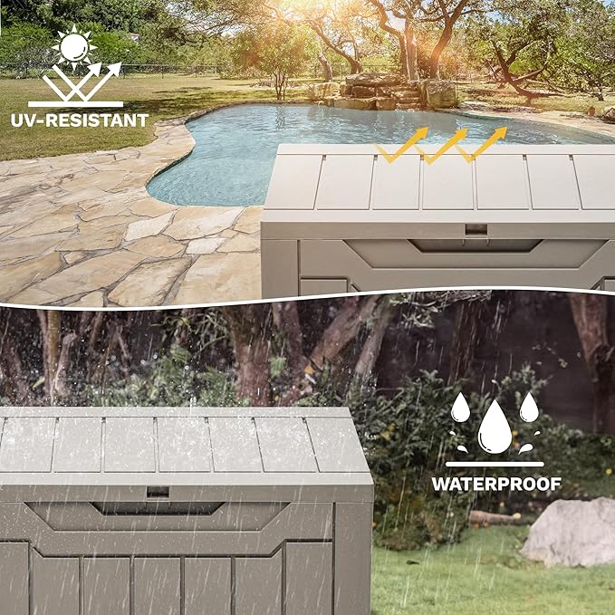 DWVO 30 Gallon Outdoor Storage Deck Box, Resin Patio Storage for Gardening Tools, Patio Cushions, Waterproof and Lockable (Light Brown)