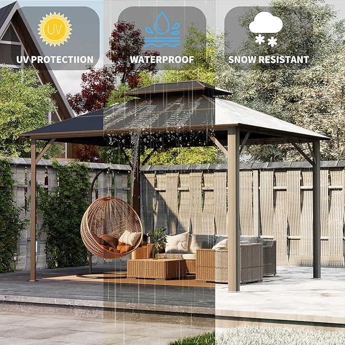 Kingdura Hardtop Gazebo 10'x10' with Double Polycarbonate Roof Canopy, Outdoor Gazebo with All-Weather Resistant Aluminum Frame Permanent Pavilion, UV Blocking for Patio Lawn Garden (Brown)