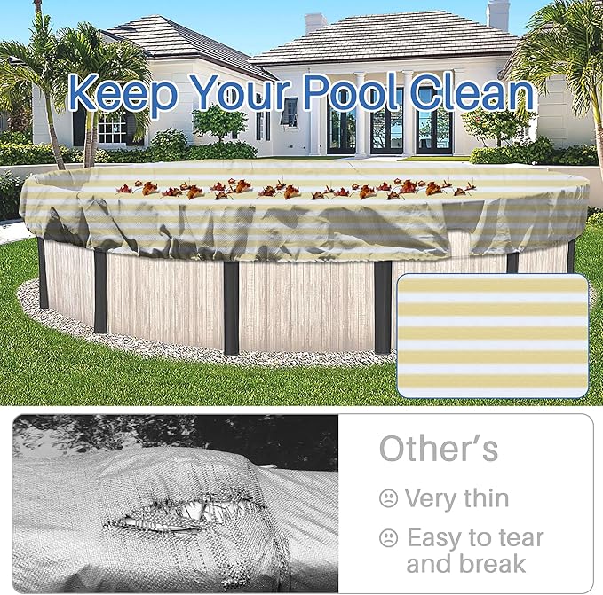 ECOOPTS 11 ft Round Pool Cover for Above Ground Pools, Swimming Pool Cover Protector Winter Safety Cover (Beige White Stripes)