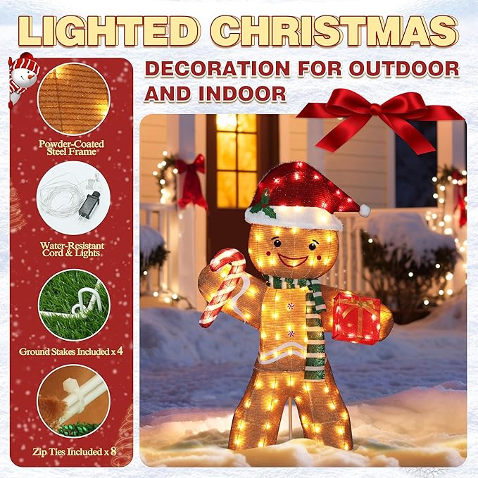 VEIKOU 5FT Gingerbread Man Christmas Decoration with 120 LED for Outdoor Yard Decorations, 2.5D Pre-Lit Gingerbread Man with Candy Cane and Gift Box, Freestanding Glittered Holiday Display