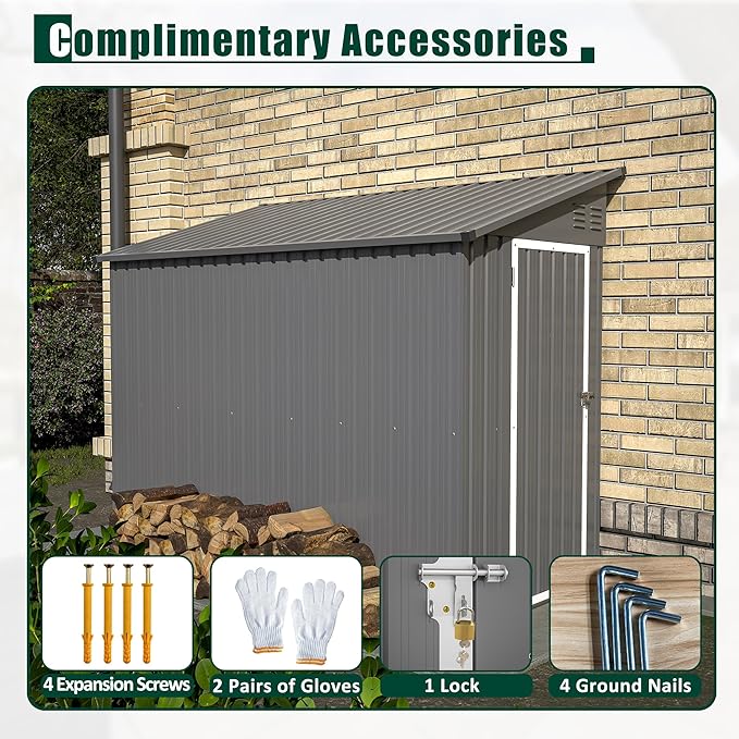 4×8 FT Lean to Metal Shed,Outdoor Heavy-Duty Storage Shed with Floor Base,All Weather Waterproof Garden Tool House W/Lockable Door&2 Air Vents,Reversible Door Design,for Backyard,Patio,Lawn,Gray