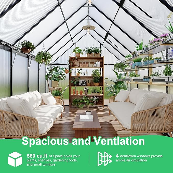 8 ft x12 ft Aluminum-Framed Polycarbonate Greenhouse, Heavy Duty Polycarbonate Greenhouse with Quick Setup Structure and Roof Vent, Large Enhanced Aluminum Green House Kit for Outdoors