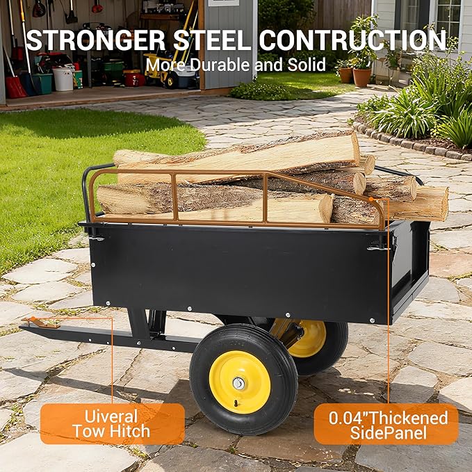 500LBS Heavy Duty Tow Behind ATV Trailer, Steel Dump Cart, Garden Utility Trailer with Removable Tailgate for Riding Lawn Mower Tractor, Black