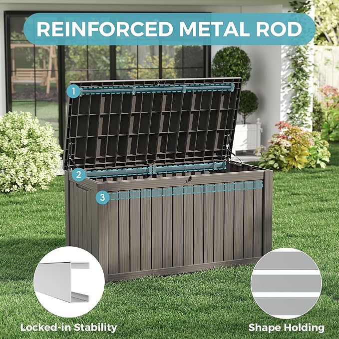 Outdoor Storage Box, Resin Deck Boxes Indoor and outdoor, Waterproof Storage Box Lockable Lid (Grey, 150 Gallon)