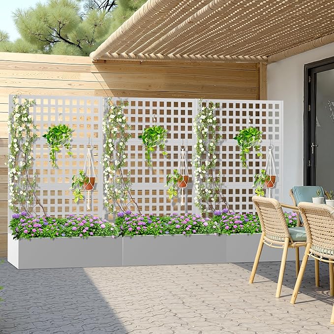 Metal Planter Box with Trellis, Heavy-Duty Raised Garden Bed for Climbing Plants, Drainage Hole, Outdoor Planter Box with Privacy Screen，47''L×16''W×71''H