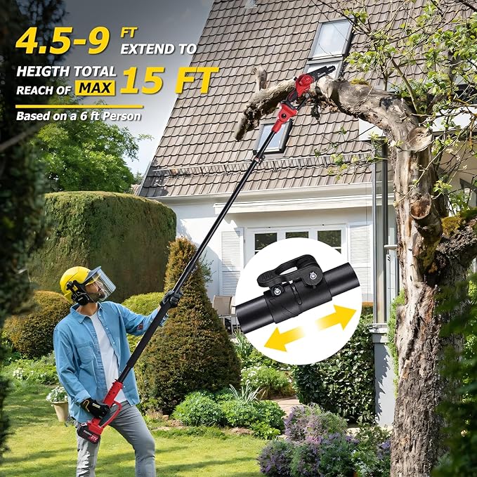 2-IN-1 Cordless Pole Saw and Mini Chainsaw, 8 Inch Electric Pole Saws for Tree Trimming, Auto Oiling, 15ft Max Extension Pole Chainsaw with 21V 4.0Ah Battery for Wood Branch Cutting