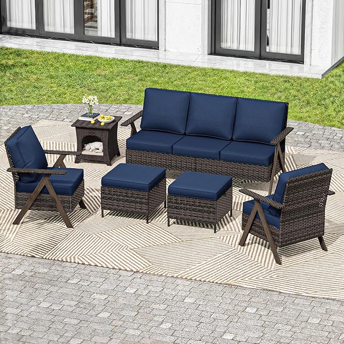 6 Piece Patio Furniture Set, Wicker Patio Conversation Set with Patio Chair and Outdoor 3-Seater Sofa and 2 Ottomans and Side Table for Deck Yard and Poolside