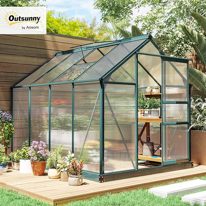 Outsunny 6' x 8' Greenhouse for Outdoors, Polycarbonate Greenhouse with Rain Gutter and Roof Vent, Aluminum Walk-in Green Houses for Outside for Patio Backyard Garden, Dark Green