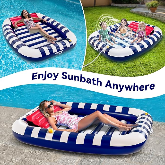 Pool Wave Inflatable Pool Lounger Floats W/Water Sprinkler, 80" x 66" Large Tanning Bed for Adult Kids, Outdoor Sun Bathing Floating Blow up Raft W/Pillow, Summer Beach Lake Family Party Gift - Blue