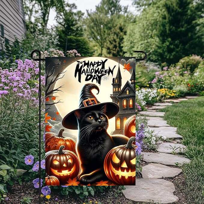 Happy Halloween Day Garden Flag Black Cat Flag Witch Hat Pumpkins 12x18 Inch Double Sided Spooky Outdoor Yard Decor House Banner Porch Lawn Patio Home Decoration